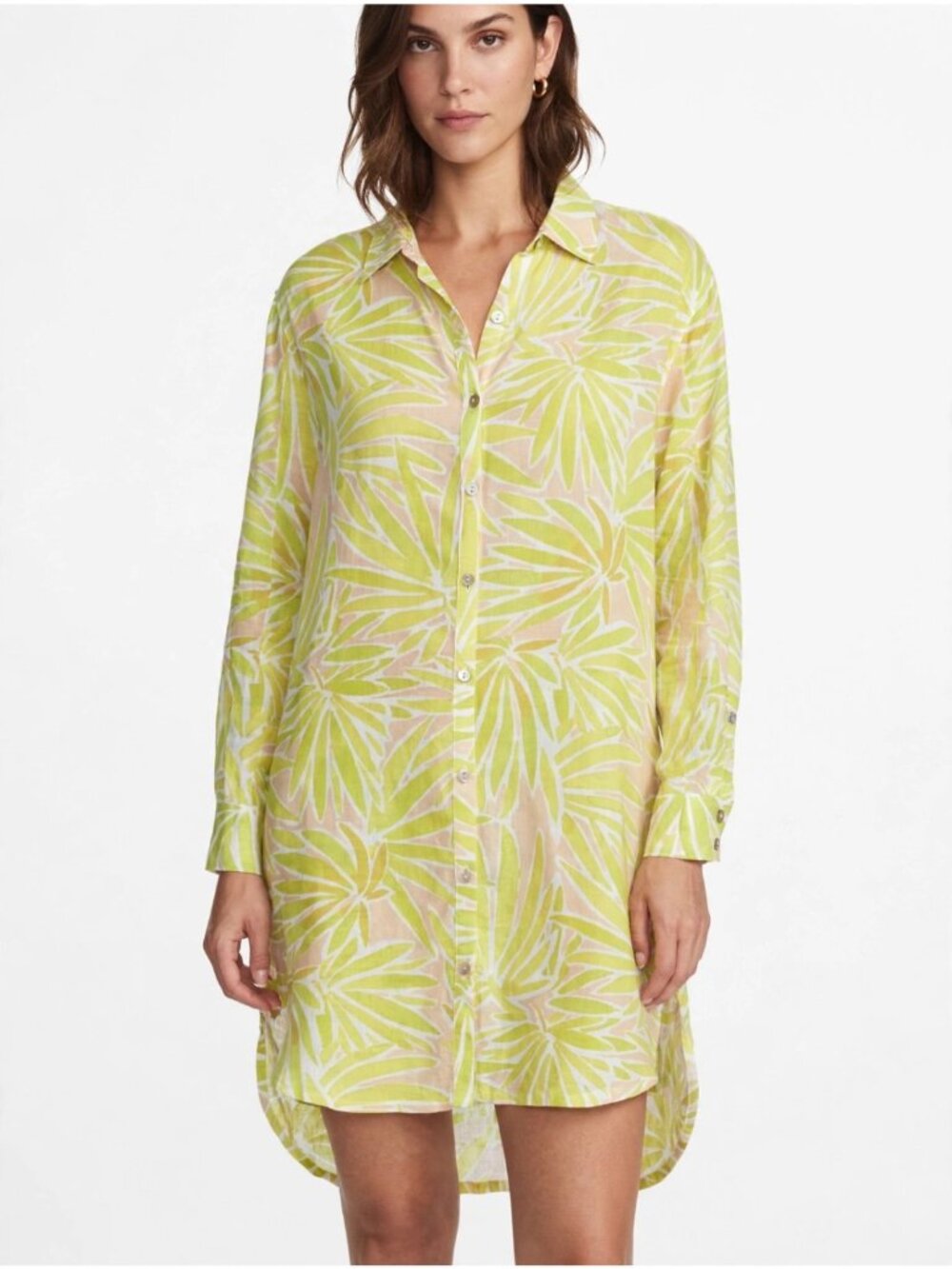 Sigrid Olsen L Linen Blend Button Down Shirt Dress Green Resort Beach Vacation